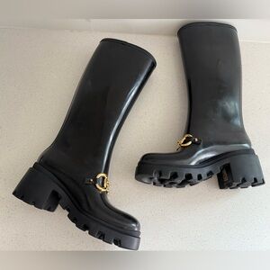 Gucci Horsebit BootsKnee Length Black Rubber Size EU 37 US